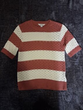 Standard Surplus Rust/Cream Striped Short Sleeve Pullover Sweater Womens M